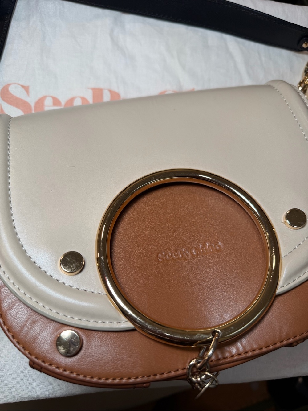 See By Chloe Cream & Brown Leather Crossbody with Gold Ring Detail